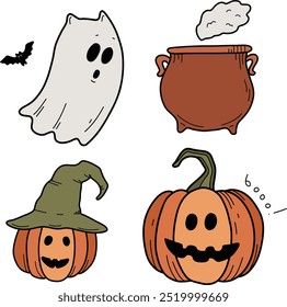 Traditional Halloween symbols: ghosts, ghost cat, pumpkin, witch hat, potion, candles, spider, cobweb, night. Drawn vector isolated on white, doodle. Set of Halloween stickers, icons. Festive mood.