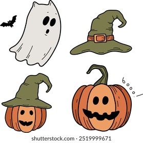 Traditional Halloween symbols: ghosts, ghost cat, pumpkin, witch hat, potion, candles, spider, cobweb, night. Drawn vector isolated on white, doodle. Set of Halloween stickers, icons. Festive mood.