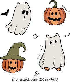 Traditional Halloween symbols: ghosts, ghost cat, pumpkin, witch hat, potion, candles, spider, cobweb, night. Drawn vector isolated on white, doodle. Set of Halloween stickers, icons. Festive mood.