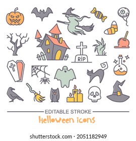 Traditional Halloween symbols. Vector linear icons with editable outline