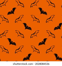 Traditional Halloween vector seamless background. Repeating pattern with hand drawn flying bats on orange background. Ready for printing on textile, fabric, bedding and other seamless surfaces. 