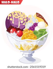 Traditional Halo-Halo Filipino Shaved Ice Dessert Glass Bowl with Ube Ice Cream, Jam, Red Beans, Gulaman, Sweet Jackfruit, Red Tapioca Pearls, Mochi, Flan, Pinipig, and Coconut Milk Drizzle Toppings. 