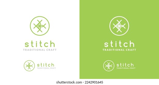 Traditional hand crafted business logo design with a stitch symbol of a flower on a spring green background