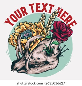 Traditional Hand Draw Badge Babirusa Skull Floral Illustration for Logo, T-shirt Design and Others