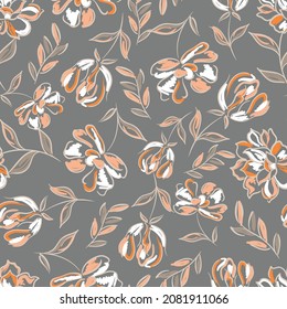 Traditional hand drawn flower pattern on grey background