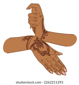 The traditional hand sign of a dancing woman. Indian classical dance Bharatanatyam mudra. Alapadma hasta. Mehendi. Ornate hands with henna. Beautiful hand movement dance. Color vector illustration.