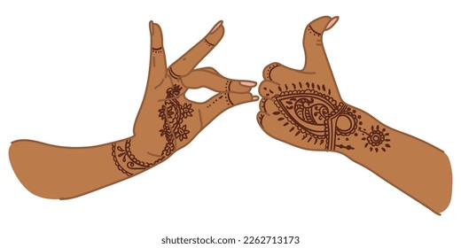 The traditional hand sign of a dancing woman. Indian classical dance Bharatanatyam mudra. Alapadma hasta. Mehendi. Ornate hands with henna. Beautiful hand movement dance. Color vector illustration.