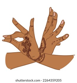 The traditional hand sign of a dancing woman. Indian classical dance Bharatanatyam mudra. Alapadma hasta. Mehendi. Ornate hands with henna. Beautiful hand movement dance. Color vector illustration.