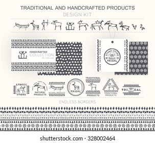 Traditional and handcrafted products design kit with tribal badges, logo templates and endless borders. Monochrome. Hand drawn ethnic style (European cave painting)