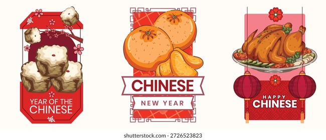 Una ilustración tradicional dibujada a mano con una pila de deliciosas albóndigas de cerdo Shumai (Siu Mai) sobre un fondo rojo festivo. El diseño incluye flores de cerezo en flor y un Anuncio del "Año chino", perfecto para menús del Año Nuevo Lunar, tarjetas de felicitación y promociones de comida asiática.