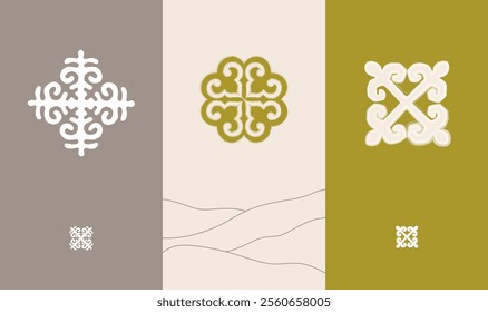 A traditional hand-drawn Kazakh ethnic pattern set in pastel steppe colors.