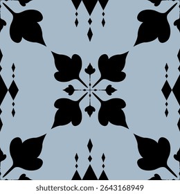 Traditional Handicraft Geometric Hand Drawn Abstract Florals Ornament Maple Leaves With Black on Pale Blue Background. Beautiful Seamless Oracle Deck Spade Pattern for Decoration Wallpaper Textile Rug