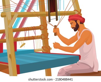 Traditional Handloom Weaver, Village Local Weavers Making Cloth For Scarves