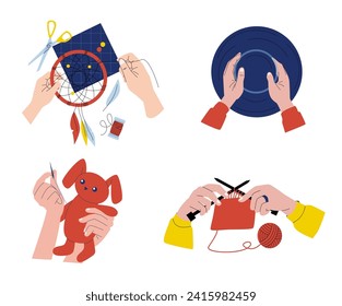 Traditional handmade needlework embroidery, needlecraft and handcrafted decorative accessories. Clay modeling, making dreamcatcher, sewing rabbit toy isolated vector set illustration