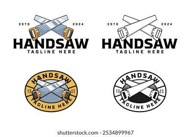 traditional handsaw with handle colorful and outline logo design set for workshop and carpenter. handsaw cutting tool crossed illustration badge logo template for woodwork, craftsman 