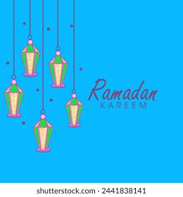 Traditional hanging lanterns decorated elegant greeting or invitation card design for Islamic holy month of prayers, Ramadan Kareem celebration.