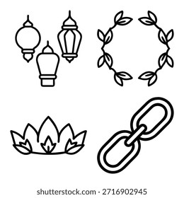 Linternas colgantes tradicionales de Ramadán, marco circular de la corona de hojas, flor de loto decorativa o corona, e iconos de contorno de Enlace de cadena de metal