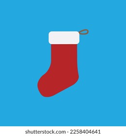 Traditional hanging red Christmas socks stocking. For gifts and presents. Vector illustration Isolated on blue background.
