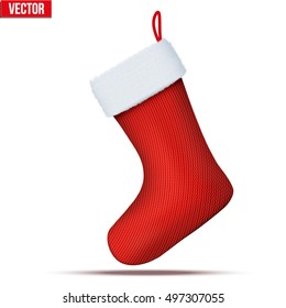 Traditional hanging red Christmas socks stocking. For gifts and presents. Editable Vector illustration Isolated on white background.