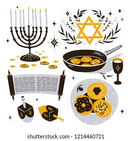 Traditional Hanukkah collection with main symbols of the jewish holiday. Hand drawn illustrations in three colours.