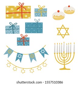 Traditional Hanukkah collection with main symbols of the jewish holiday.