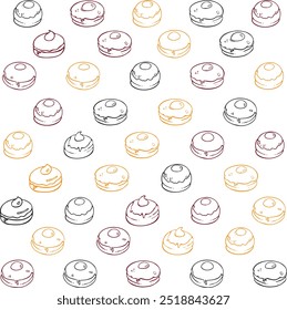 Traditional Hanukkah Donuts Pattern Suphganiyah with Jam Filling Doodle Style Set Illustration