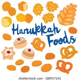 Traditional Hanukkah Foods: Cheese Gelt Coins, Soft Pretzels, Potato Latkes, Sufganiyah Jelly Doughnuts, Bunuelo and Challah Bread 