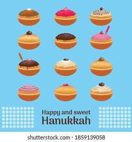 Traditional Hanukkah Jewish Holiday Doughnut, Sweet Traditional Hanukka Sufganiya With Different Frosting, Chocolate, Jelly, Jam And More. Vector Illustration. Happy And Sweet Hanukkah Greeting Card.