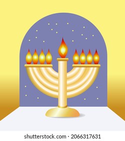 Traditional Hanukkah menorah against the background of a window opening and stars. Design template for greeting card, poster, invitation. 