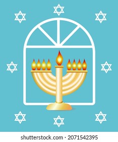 Traditional Hanukkah menorah on the background of the window. David stars. Design template for greeting card, poster, invitation. 