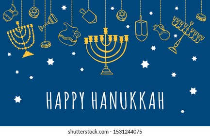 Traditional Hanukkah objects hanging on the top of the page. Greeting card design template. Hand drawn outline sketch illustration. Yellow on blue background