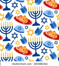 Traditional Hanukkah seamless pattern with symbols of the jewish holiday.