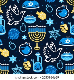 Traditional Hanukkah seamless pattern with symbols of the jewish holiday. Vector surface print illustration. Background with Jewish star, candles, dreidel. Chanuka fabric. Vector illustration