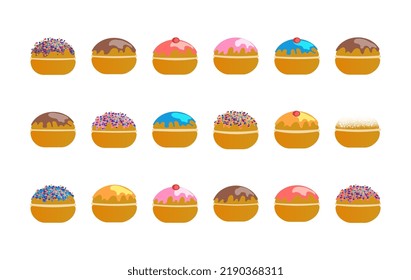 Traditional Hanukkah sufganiyah doughnut set vector illustration isolated on white background Donuts with different glazes Vector illustration in flat cartoon style for poster, greeting cards, icons