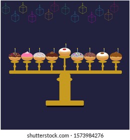 traditional Hanukkah symbols - menora with Jewish Doughnuts 'Sufganiya' set with many flavors and types
 Candels on top illustration on blue