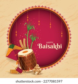 Traditional Happy Baisakhi Square background. Dhol, Bamboo, harvest, kite and ladoo. Realistic digital graphic. Punjabi festival vector illustration. Website header, invite, promotion, social media	