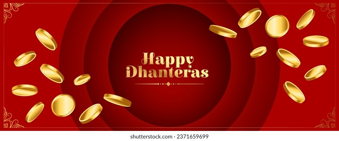 traditional happy dhanteras greeting banner with golden coin design vector. Translation: Happy Dhanteras, dhan means wealth teras means thirteen