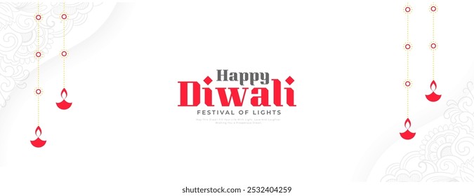 Anuncio blanco festivo tradicional feliz de Diwali con el Vector colgante de Diya