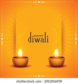 traditional happy diwali orange card with realistic diya