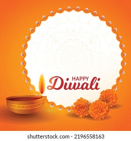 Traditional Happy Diwali puja background design with Diya and marigold flowers. Realistic mandala poster Hindu festival vector illustration. Text message Space. Social media post, website, card invite