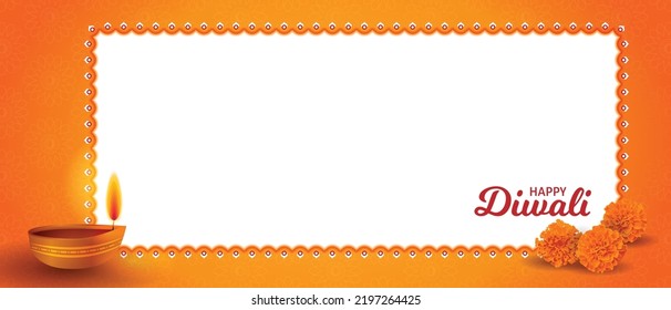 Traditional Happy Diwali puja Horizontal background design with Diya, marigold flowers. Realistic frame template Hindu festival vector illustration. Text message. Website header, invitation, promotion