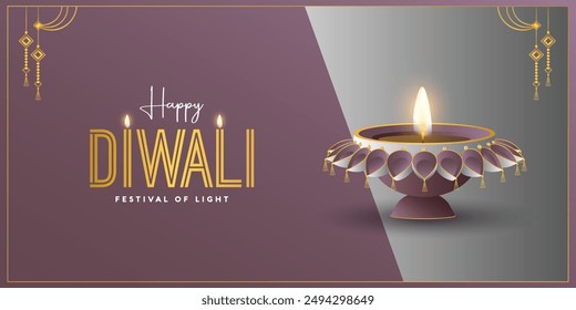 Traditional Happy Diwali puja Horizontal background design with Diya, flowers. Realistic frame template Hindu festival vector illustration. Text