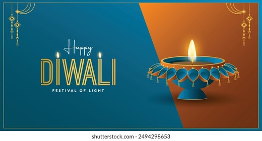 Traditional Happy Diwali puja Horizontal background design with Diya, flowers. Realistic frame template Hindu festival vector illustration. Text