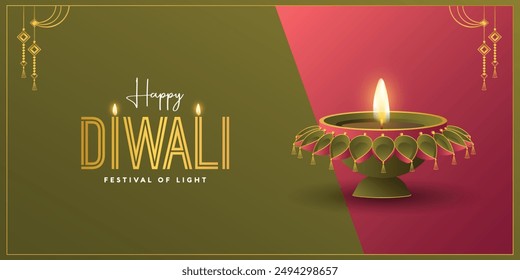 Traditional Happy Diwali puja Horizontal background design with Diya, flowers. Realistic frame template Hindu festival vector illustration. Text