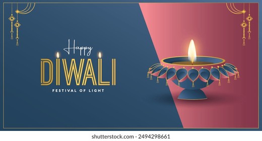 Traditional Happy Diwali puja Horizontal background design with Diya, flowers. Realistic frame template Hindu festival vector illustration. Text