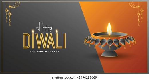 Traditional Happy Diwali puja Horizontal background design with Diya, flowers. Realistic frame template Hindu festival vector illustration. Text