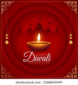 traditioneller, glücklicher Diwali-roter Hintergrund mit brennendem Diya und Tempelschatten. Übersetzung: Happy Diwali bedeutet Lichtfestival