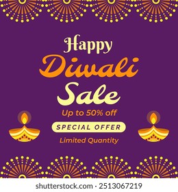 Traditional Happy Diwali Sale Banner with oil Diya. Up to 50% off. Special Offer. Illustration Vector. Happy Deepawali. Vector Design. Limited Quantity.