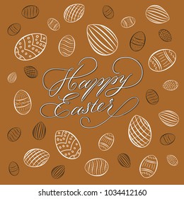 Traditional Happy Easter background with calligraphic handwritten inscription and different eggs on brown background vector illustration