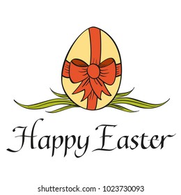 Traditional Happy Easter concept with calligraphic inscription and egg with red ribbon bow isolated vector illustration 
